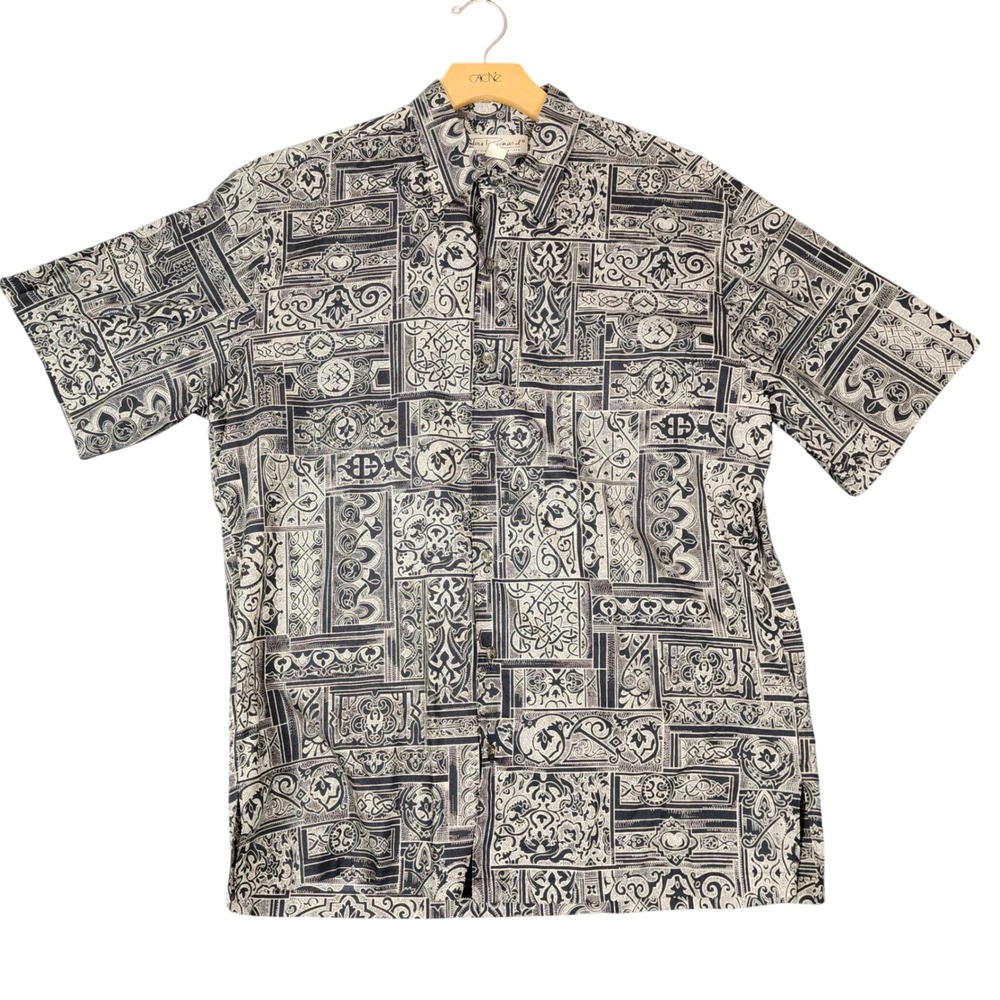 Tori Richard Mens Cotton Lawn Button Down Shirt Black Cream Geometric Tile Med M